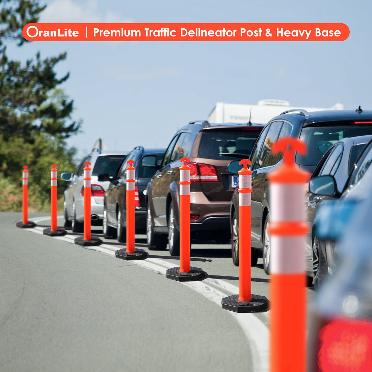 9PCS T-Top Delineator Post with Rubber /Water Filled Base , 4+4Inch ASTM Type IV Reflective Tape