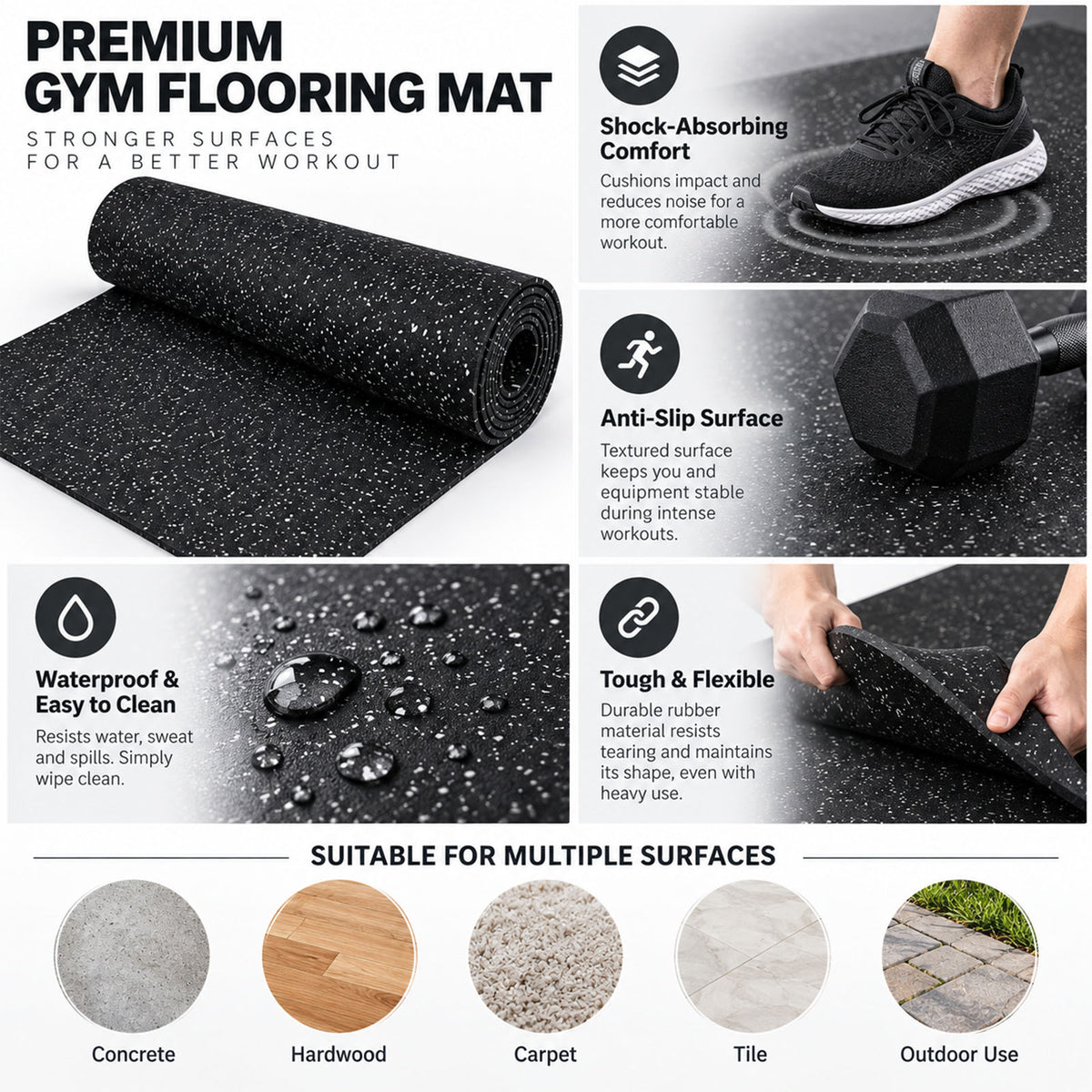 Premium Rubber Gym Flooring Mats – Eco-Friendly EPDM Fleck, Non-Slip Shock-Absorbing Floor Protection