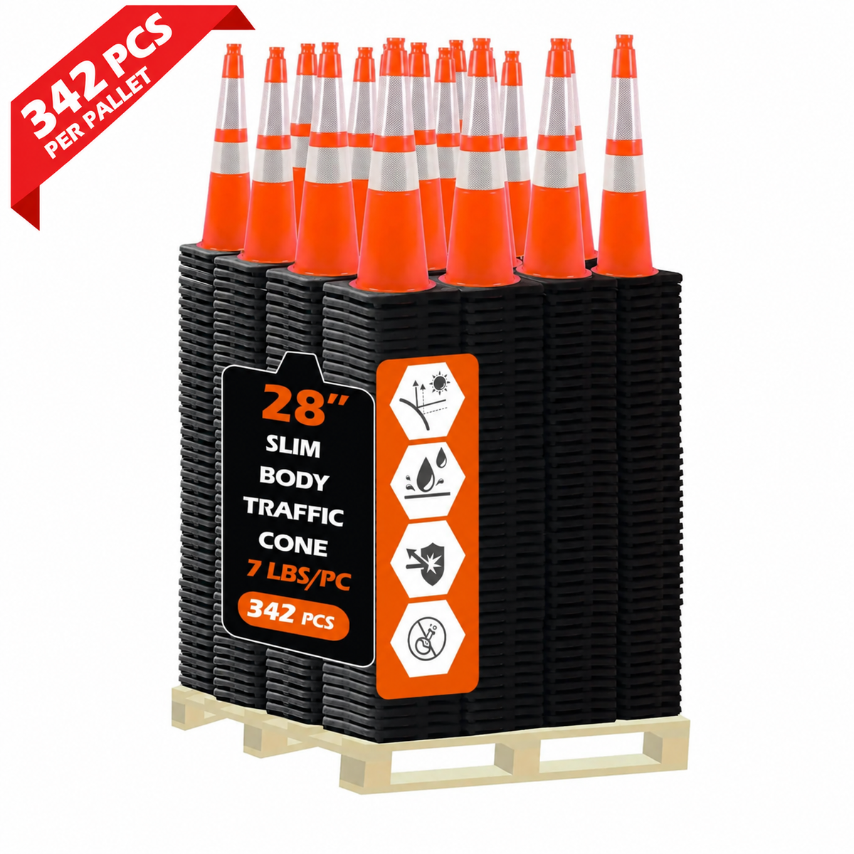 OranLite slim body traffic cones, 342 pieces per pallet