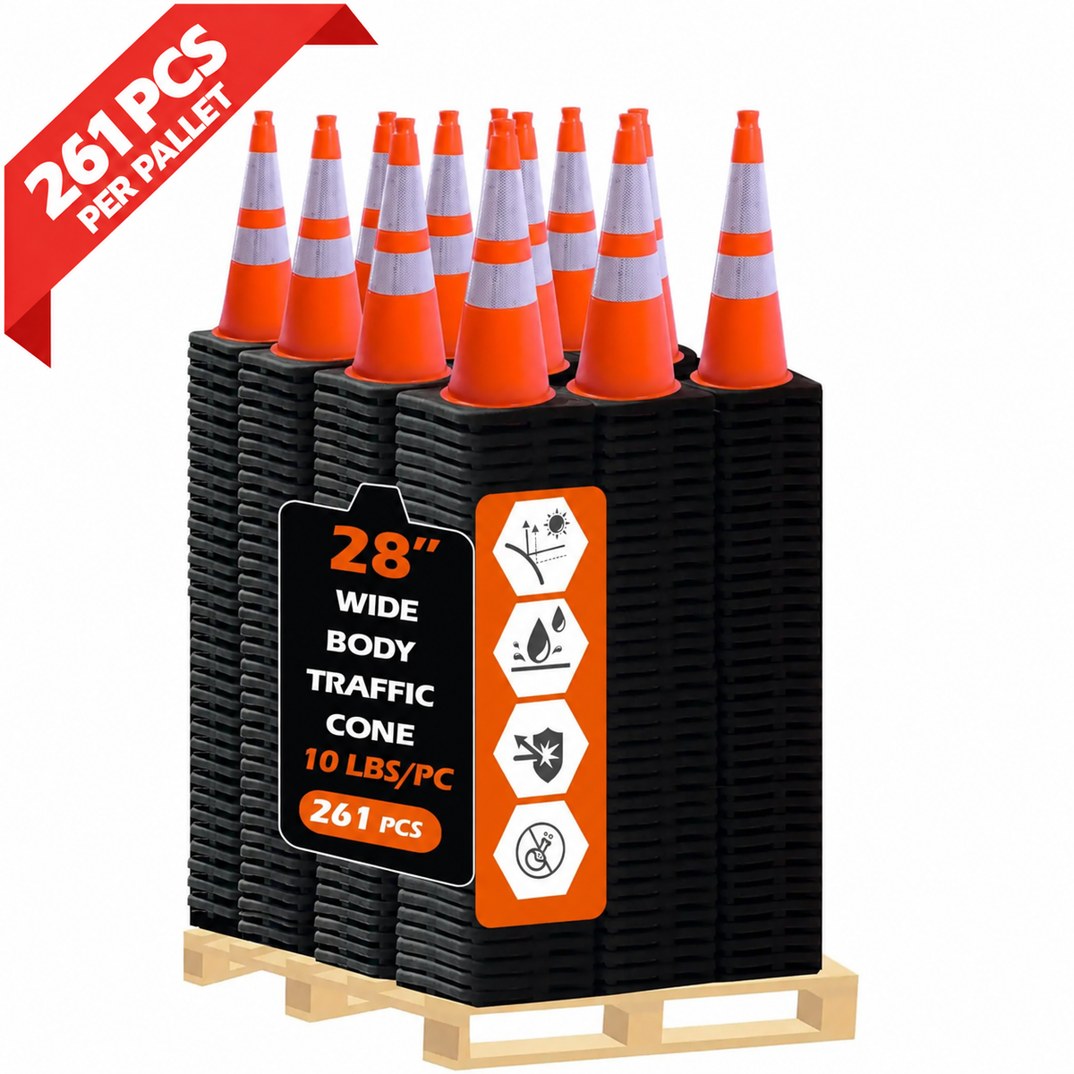 OranLite wide body traffic cones, 261 pieces per pallet