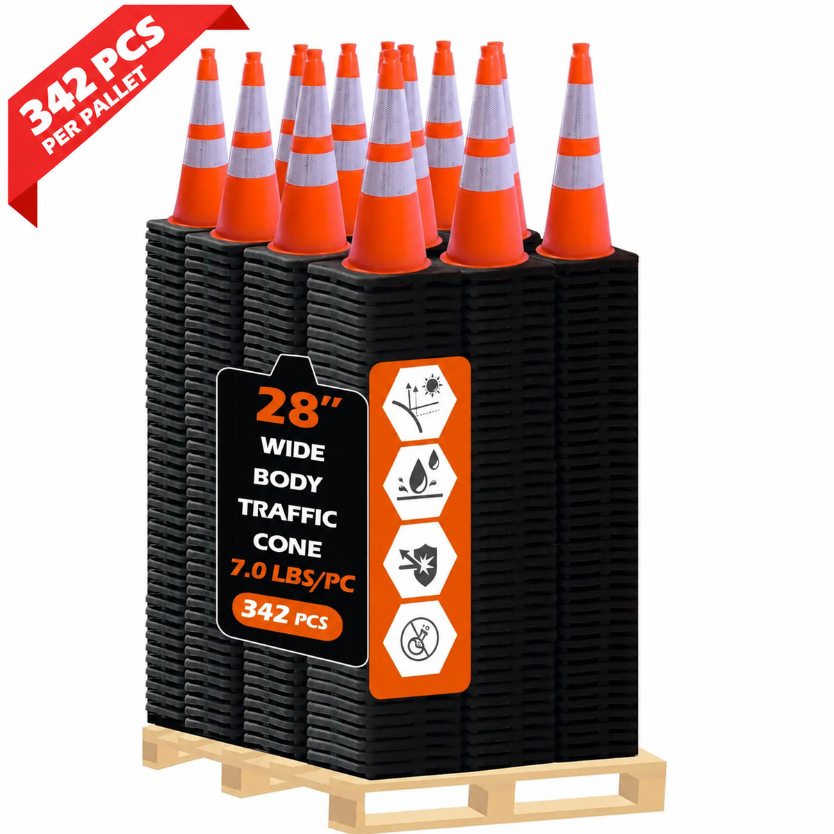 OranLite wide body traffic cones, 342 pieces per pallet