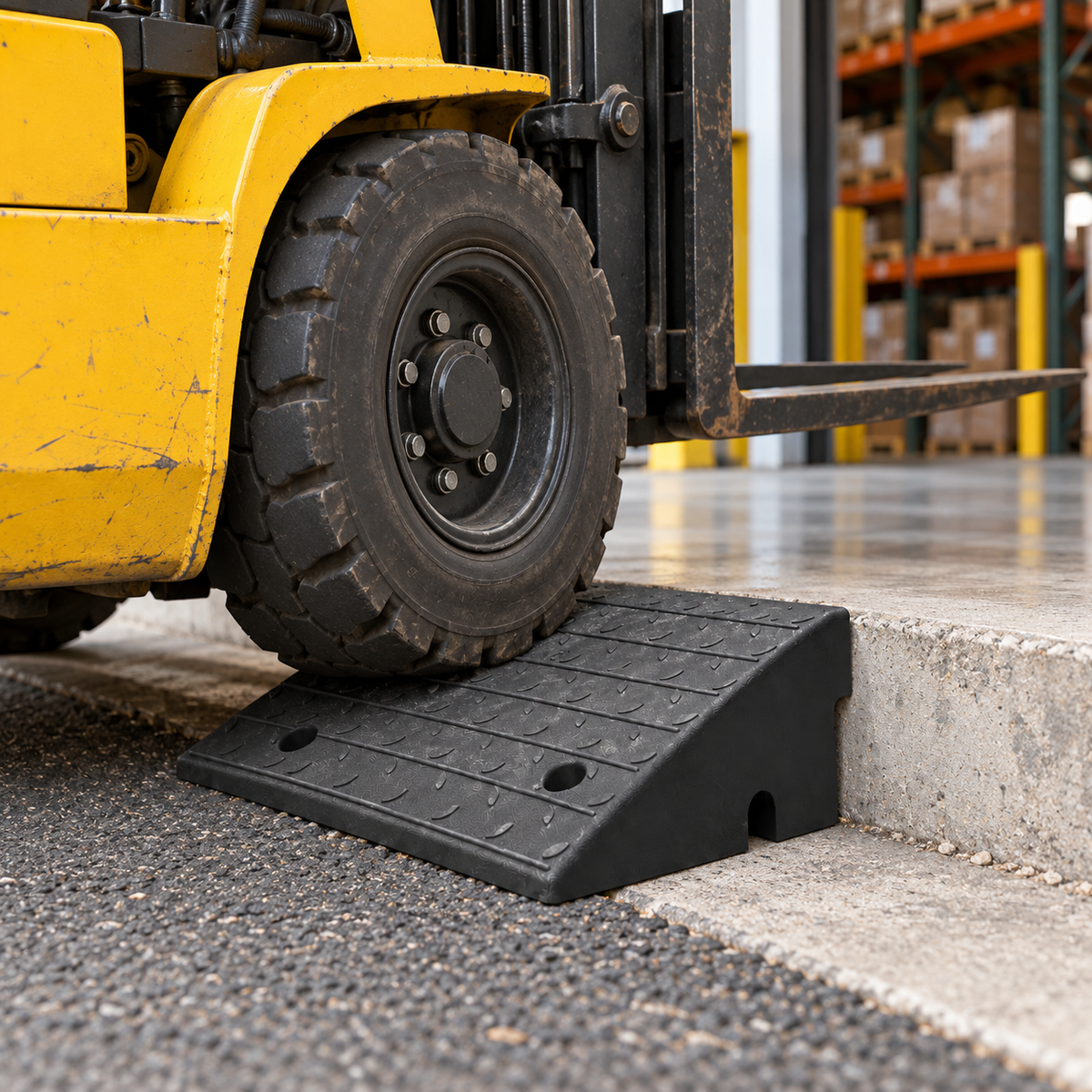 Forklift wheel on a black curb ramp at a warehouse entrance