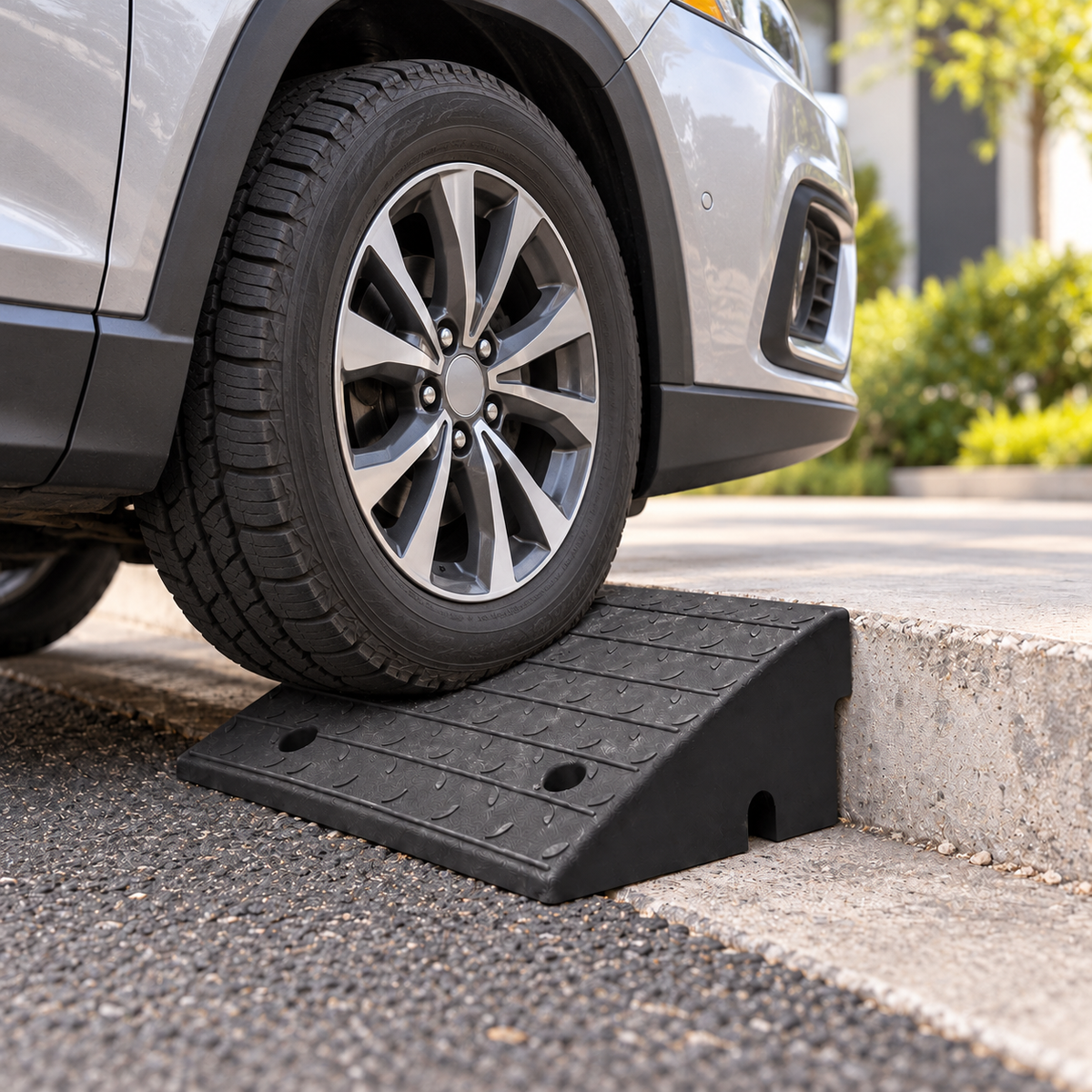 Silver SUV wheel on a black curb ramp at a driveway entrance
