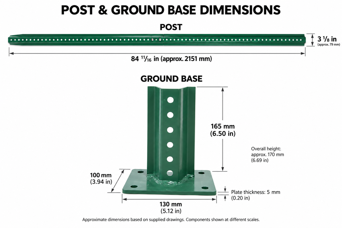 OranLite U-channel sign post and ground base dimensions in inches and millimeters
