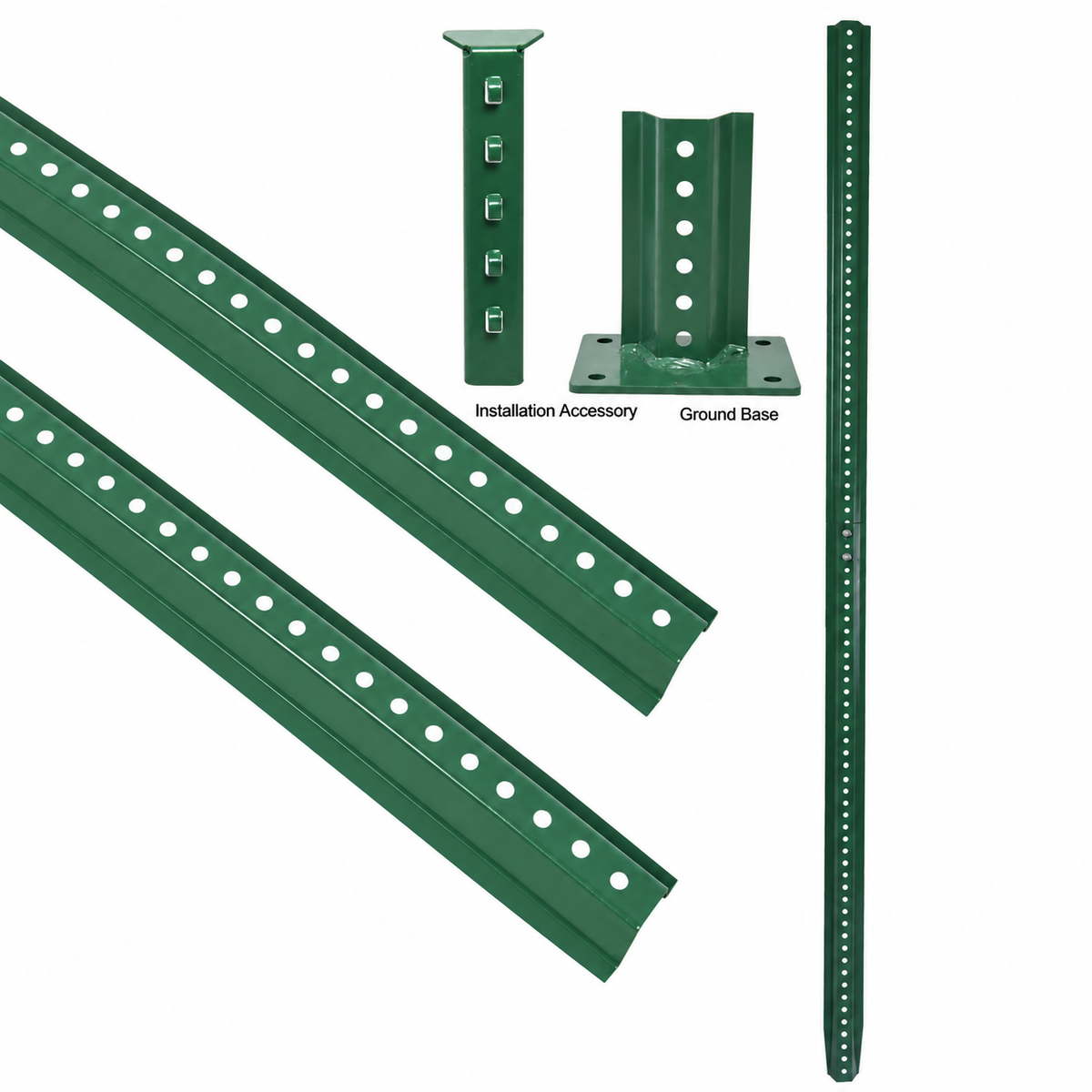 OranLite green U-channel sign post with installation accessory and ground base shown separately
