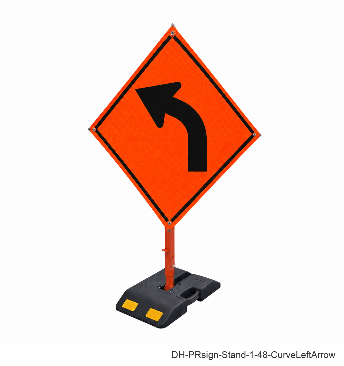 Curve Left Arrow(Symbol) reflective roll-up sign with weighted rubber base stand | SKU DH-PRsign-Stand-1-48-CurveLeftArrow