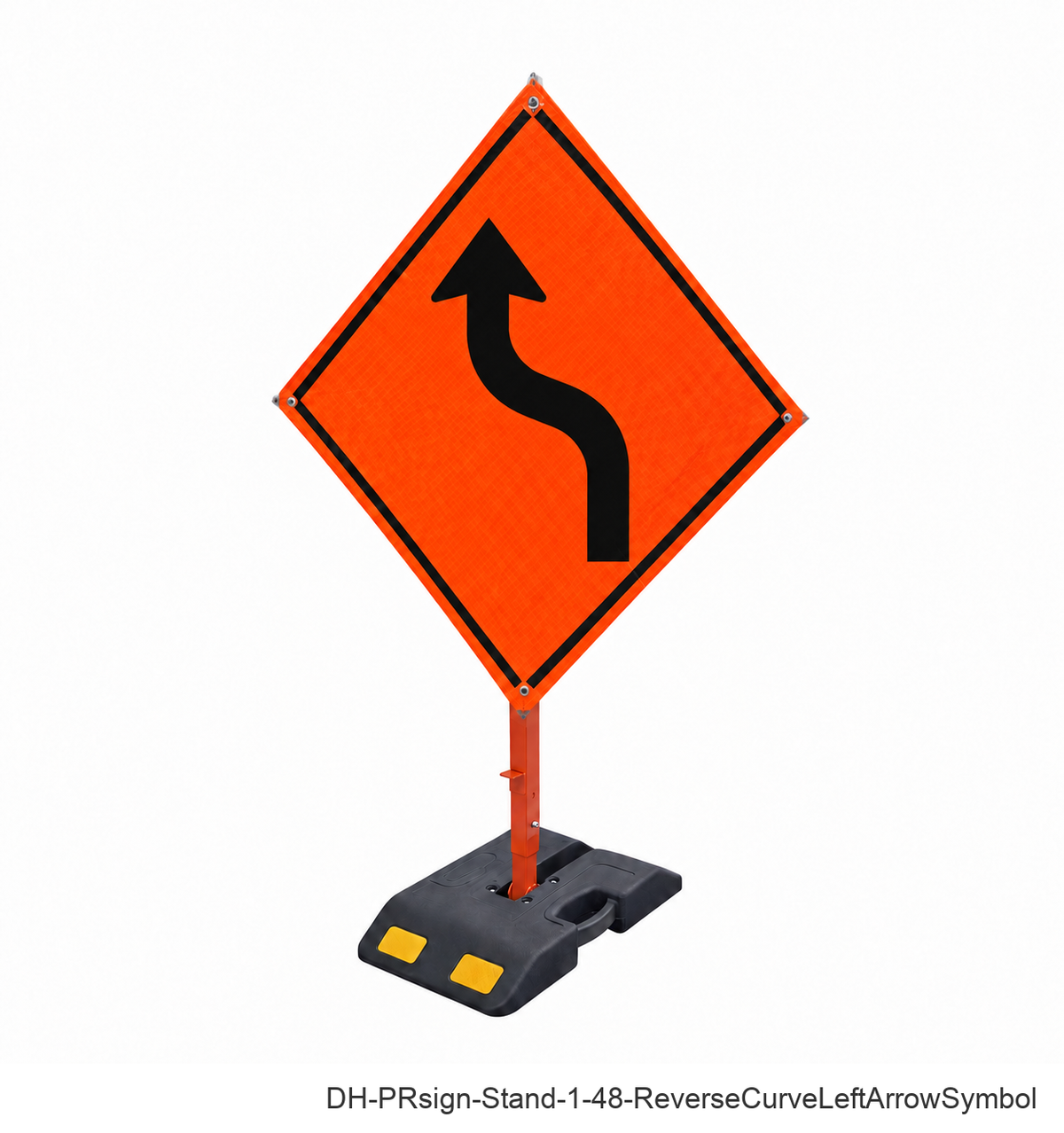 Reverse Curve Left Arrow(Symbol) reflective roll-up sign with weighted rubber base stand | SKU DH-PRsign-Stand-1-48-ReverseCurveLeftArrowSymbol