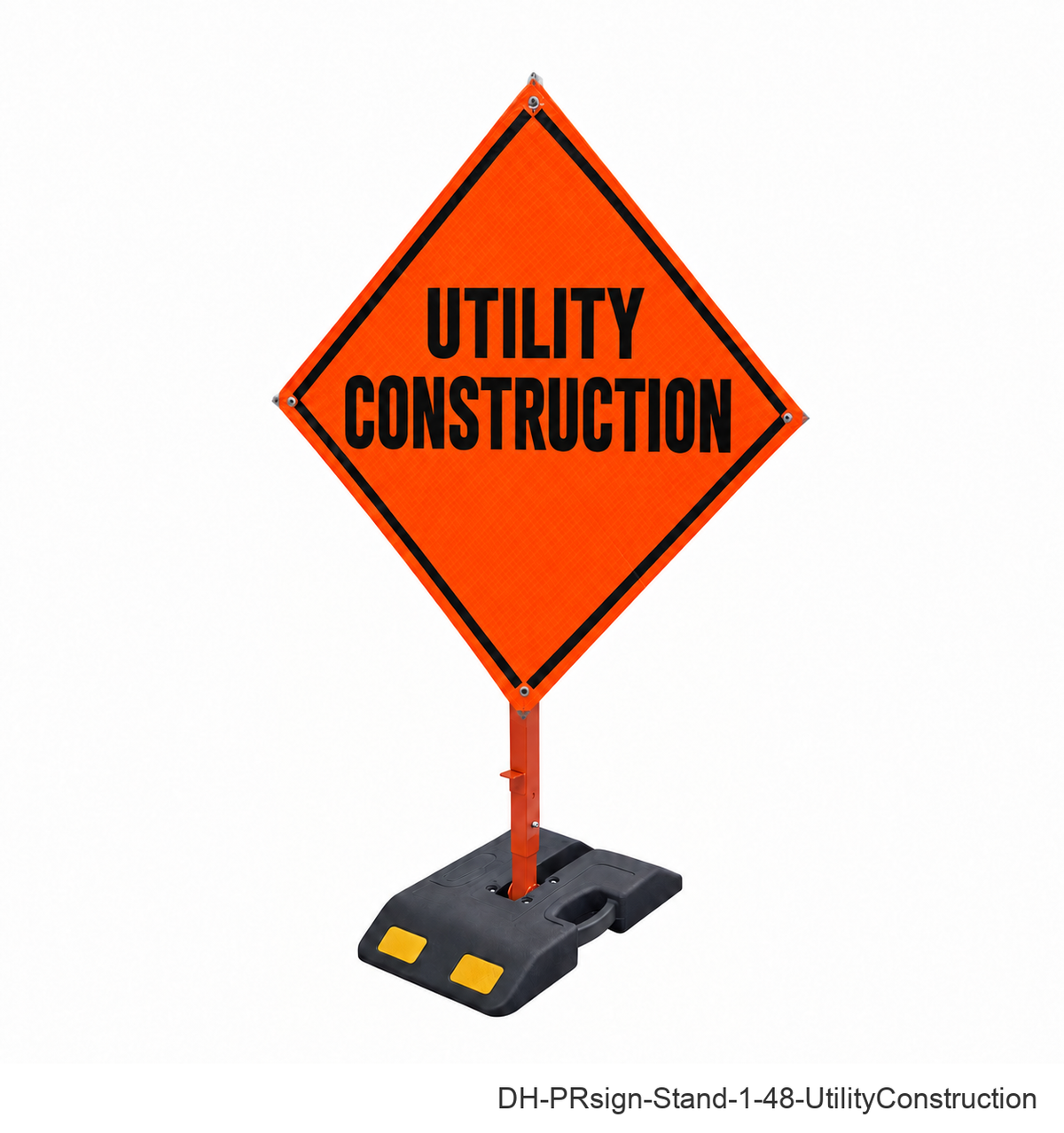Utility Construction reflective roll-up sign with weighted rubber base stand | SKU DH-PRsign-Stand-1-48-UtilityConstruction
