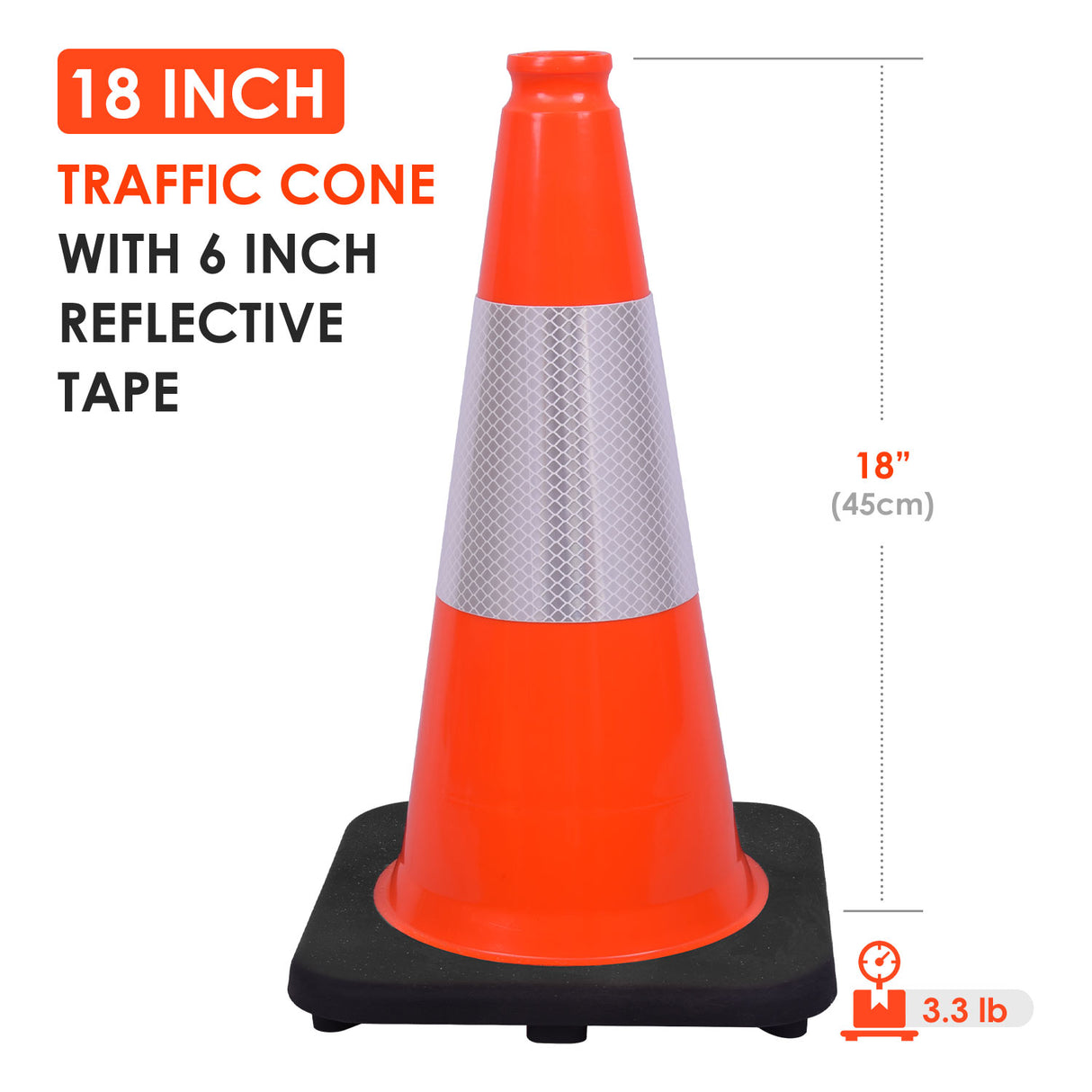 18" Black Base Traffic Cone with 6" ASTM Type IV Reflective Collar, Fluorescent Orange Body with  Recessed Handle Top