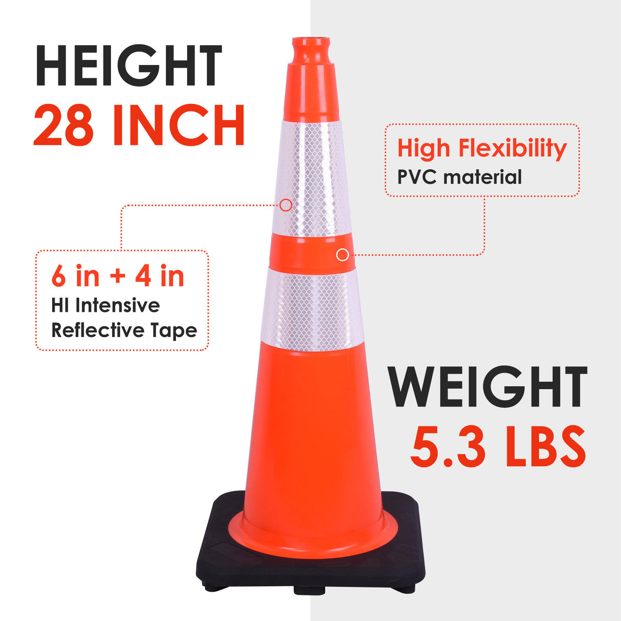 28" Black Base Slim Body Traffic Cone with 6+4" ASTM Type IV Reflective Collar