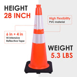 28" Black Base Slim Body Traffic Cone with 6+4" ASTM Type IV Reflective Collar
