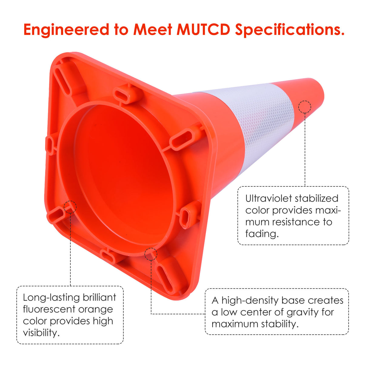 18" Solid Orange Traffic Cone with 6" ASTM Type IV Reflective Collar