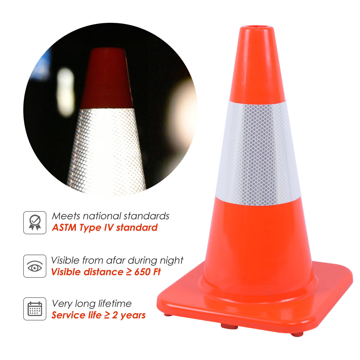18" Solid Orange Traffic Cone with 6" ASTM Type IV Reflective Collar