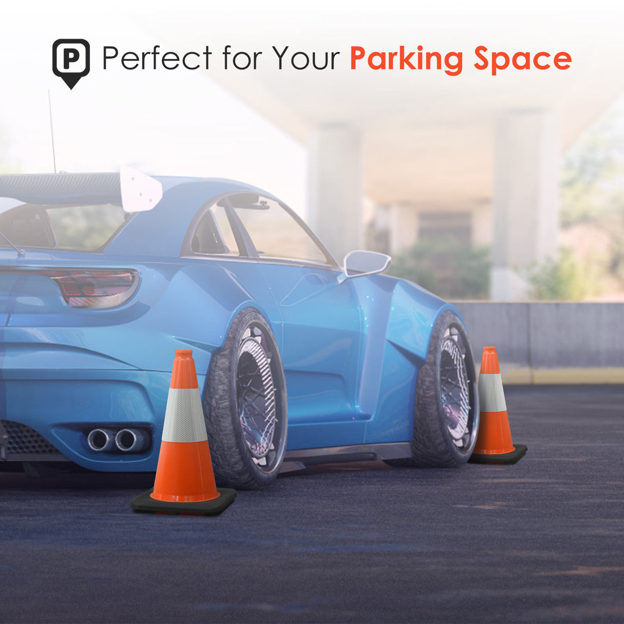 18" Black Base Traffic Cone with 6" ASTM Type IV Reflective Collar, Fluorescent Orange Body with  Recessed Handle Top