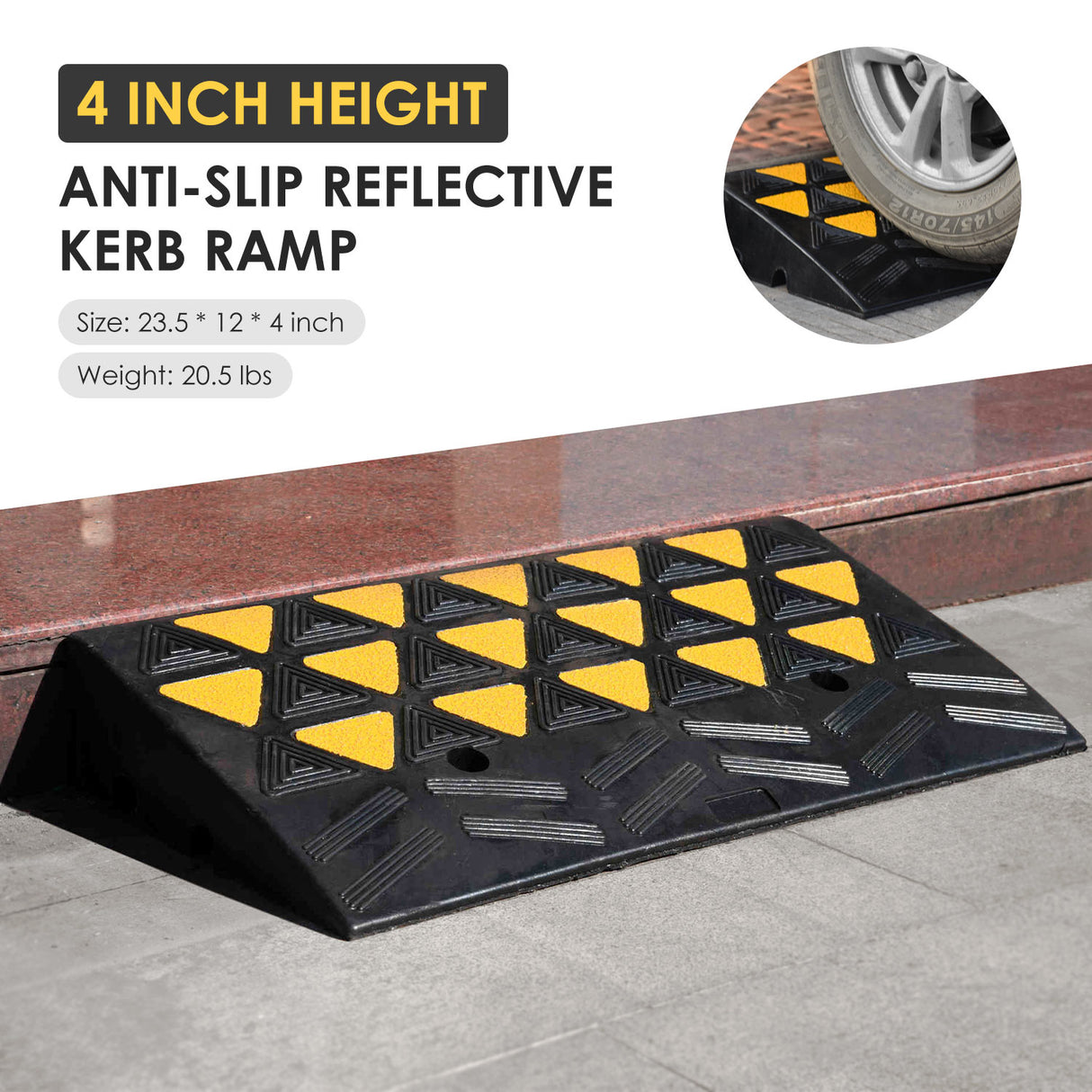 4Inch Heavy Duty Rubber Curb Ramp with Yellow Reflector