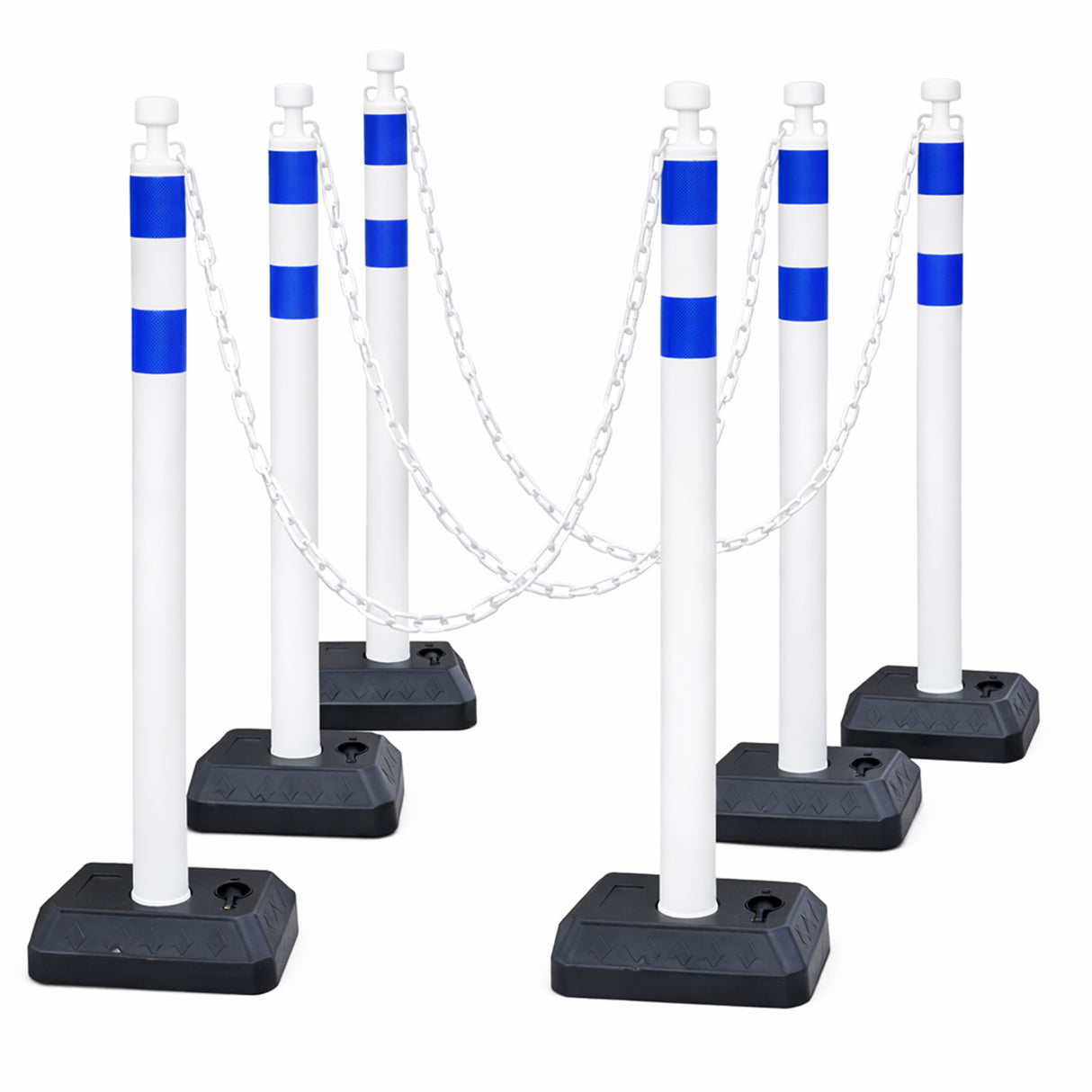 6-Pack Chain Stachion Post with Heavy Rubber or Water Filled Base - packaging and contents