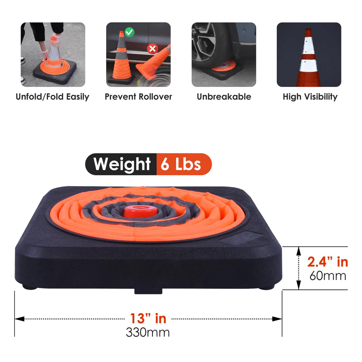 【4PCS】28“ inch Black Base Collapsible Cone with CNSS High Reflectivity Oxford Cloth