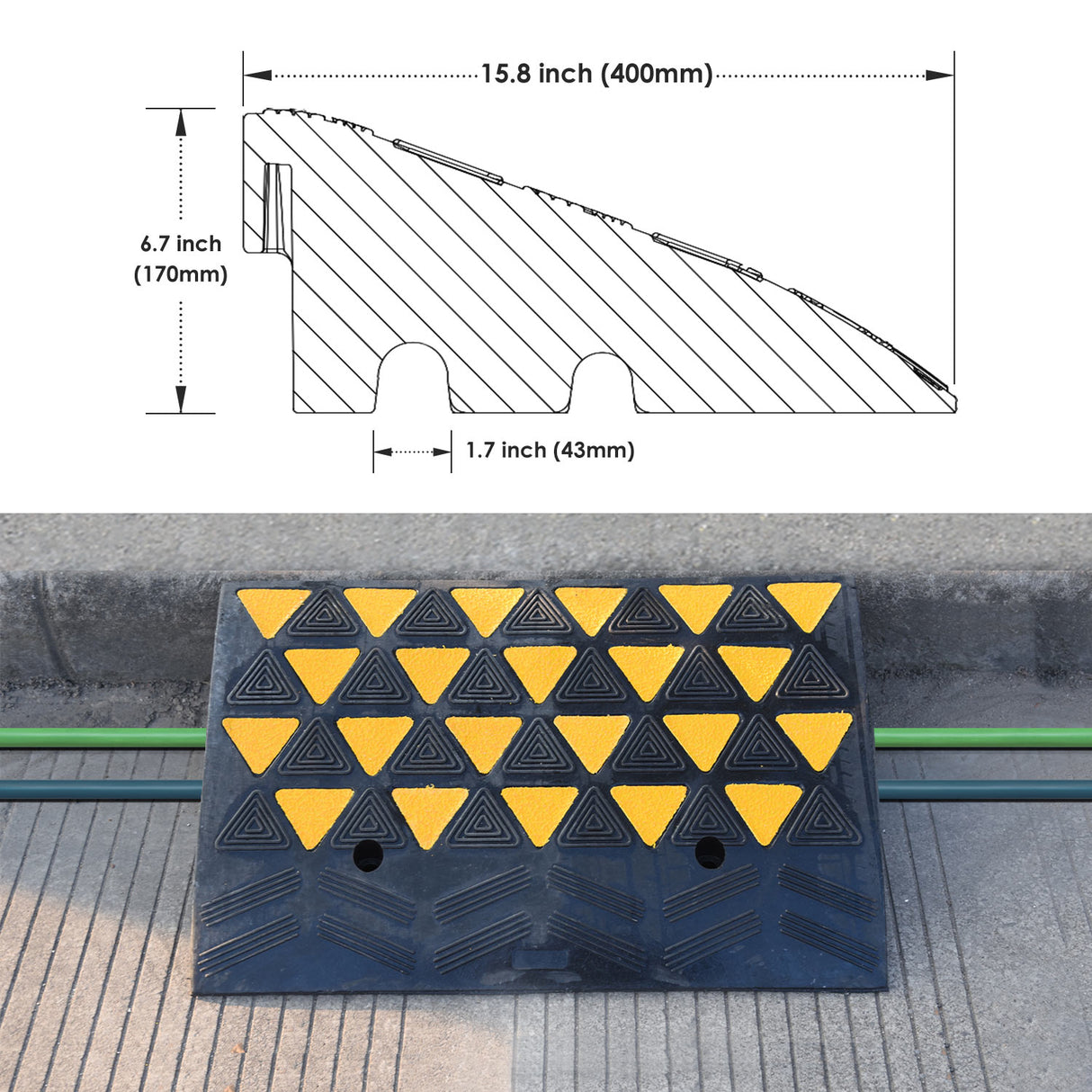 6Inch Heavy Duty Rubber Curb Ramp with Yellow Reflector