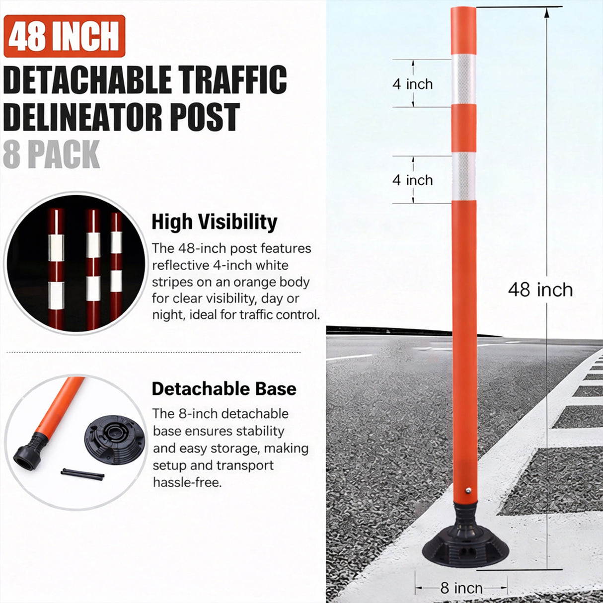 Flexible Surface Mount Delineator Post - Durable Traffic Safety Post for Parking Lots, Construction Zones, and Roadway Marking - Easy to Install, High Visibility, Impact-Resistant