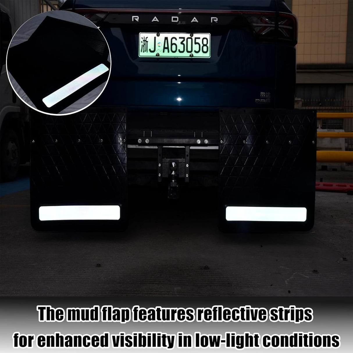 Rubber Mud Flap and Adjustable Hitch-Mounted System