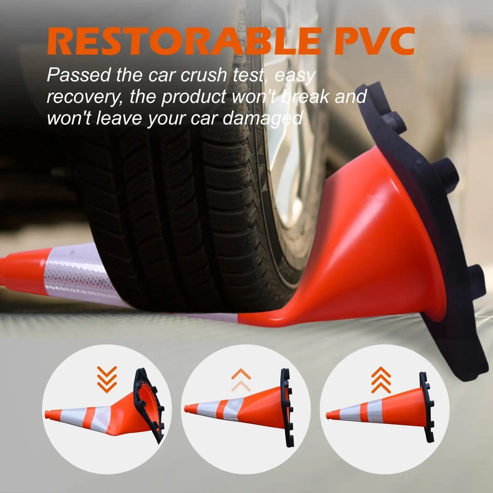 Flexible PVC traffic cone recovering its shape after vehicle impact