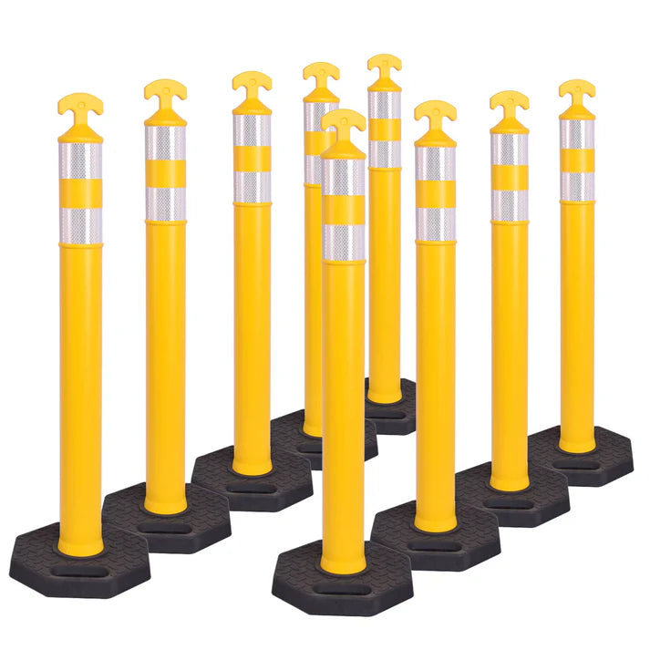 9PCS T-Top Delineator Post with Rubber /Water Filled Base , 4+4Inch ASTM Type IV Reflective Tape