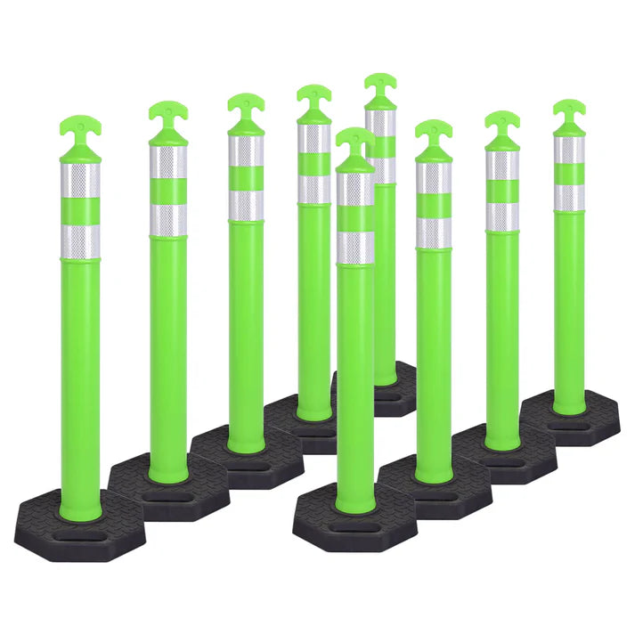 9PCS T-Top Delineator Post with Rubber /Water Filled Base , 4+4Inch ASTM Type IV Reflective Tape