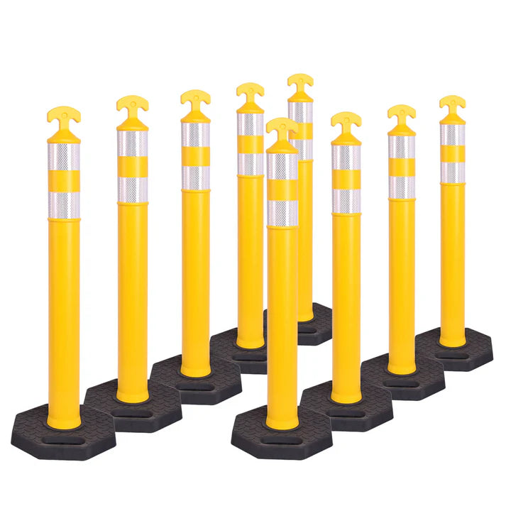 9PCS T-Top Delineator Post with Rubber /Water Filled Base , 4+4Inch ASTM Type IV Reflective Tape