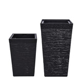 Black tall square planters in two sizes with textured stone-look finish
