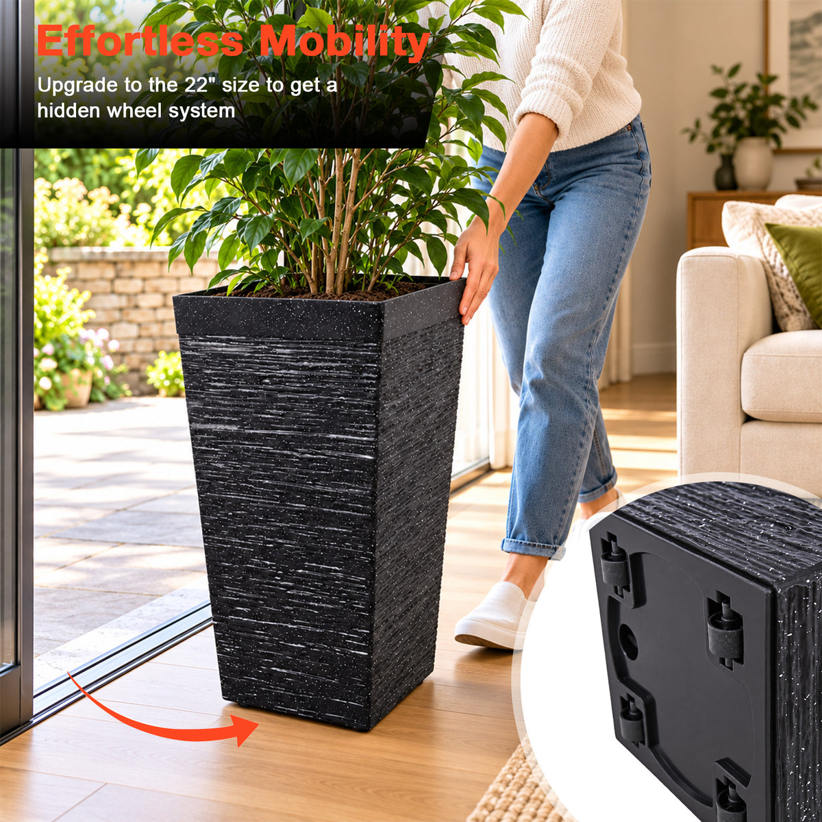 22-inch black planter with hidden wheels for moving on level surfaces