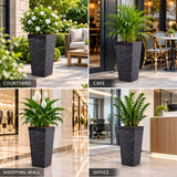 Black square planters displayed in a courtyard, cafe, shopping mall and office