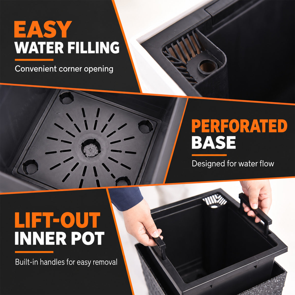 Planter inner pot with handles, corner water-filling opening and perforated base