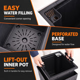 Planter inner pot with handles, corner water-filling opening and perforated base