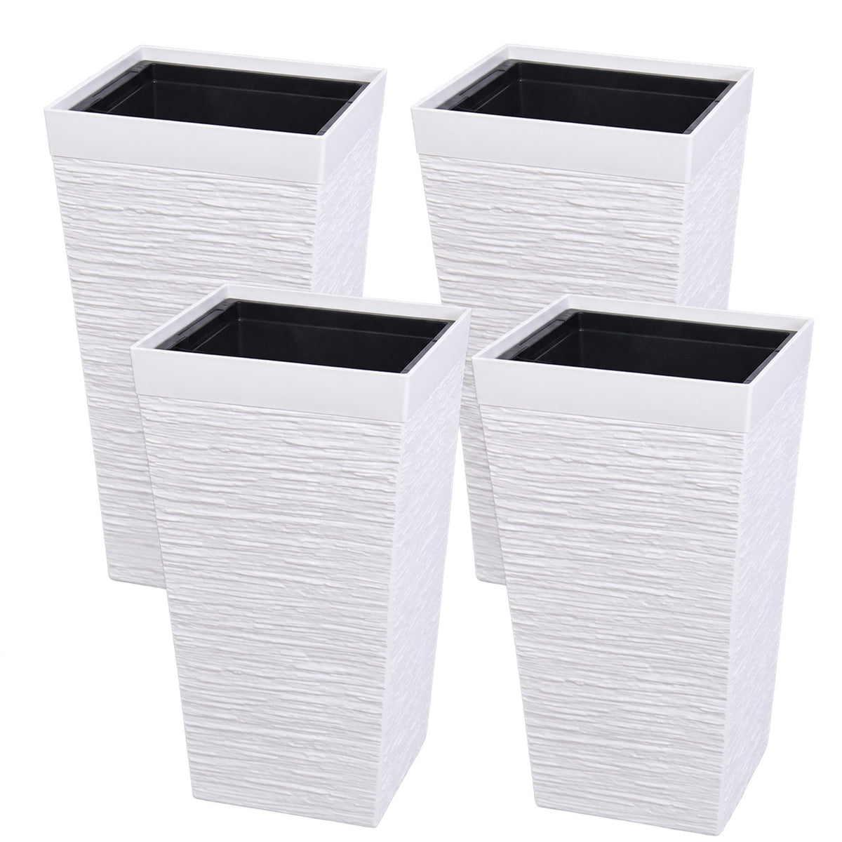 Set of four white 22-inch tall square planters
