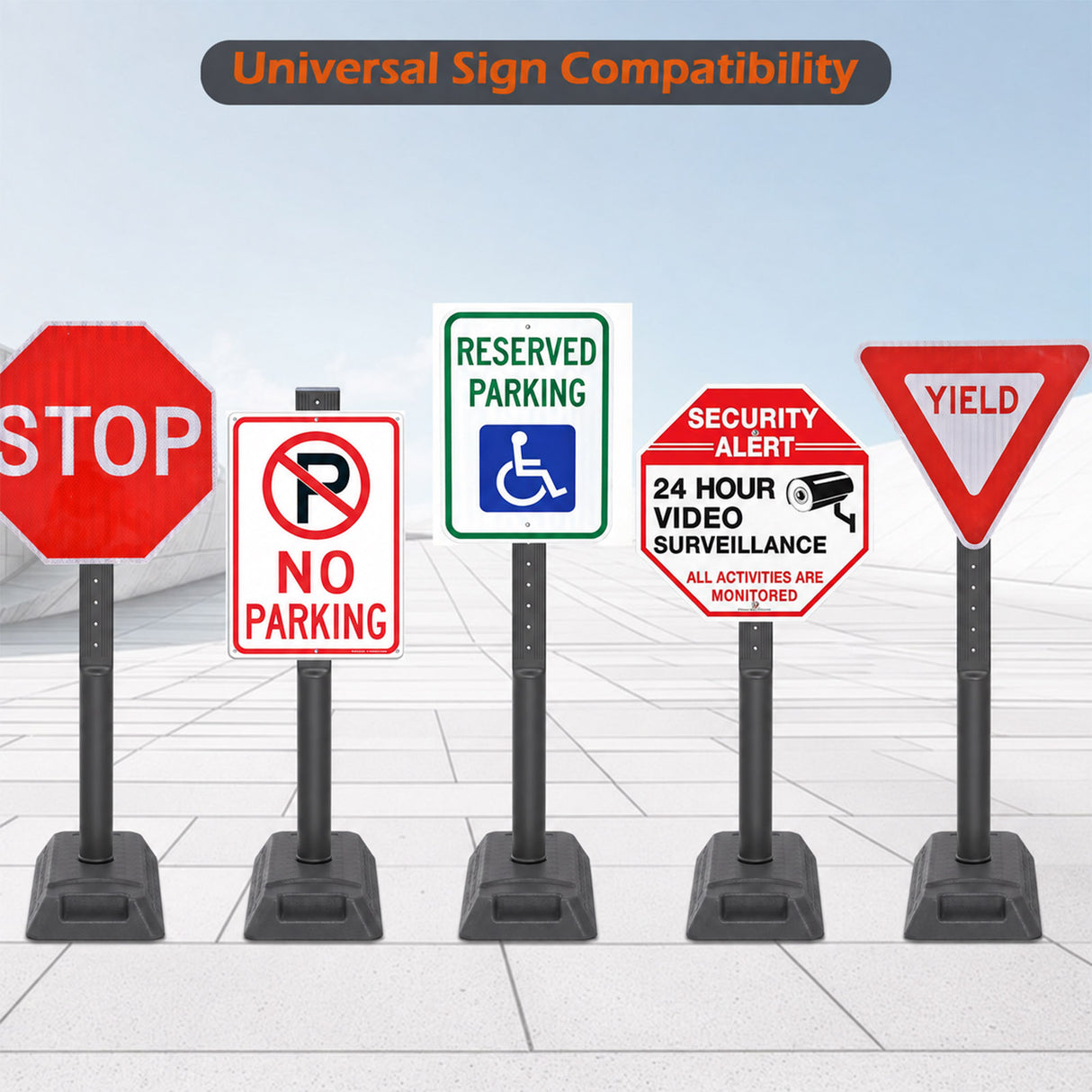 Portable sign holder displaying compatible parking and traffic sign shapes