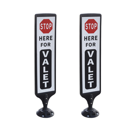 Two 44-inch spring-back valet parking sign stands with low-profile bases
