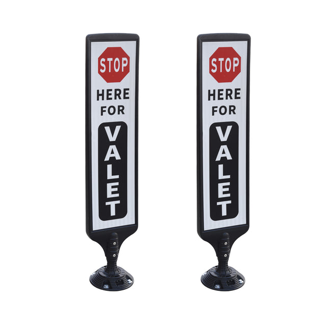 Two 44-inch spring-back valet parking sign stands with low-profile bases