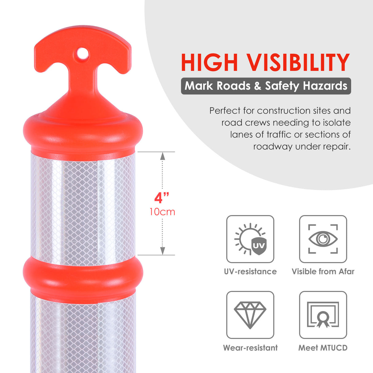 T-Top Delineator Post with Heavy Duty Rubber Base , 4+4Inch ASTM Type IV Reflective Tape