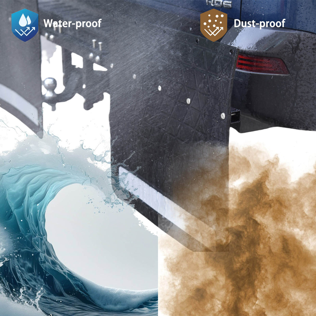 Rubber Mud Flap and Adjustable Hitch-Mounted System