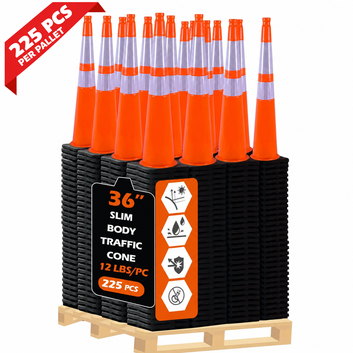 OranLite slim body traffic cones, 225 pieces per pallet