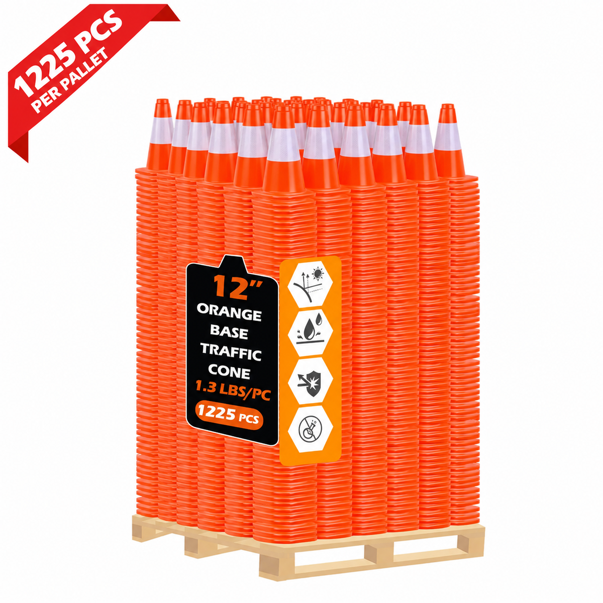 OranLite solid orange traffic cones, 1225 pieces per pallet
