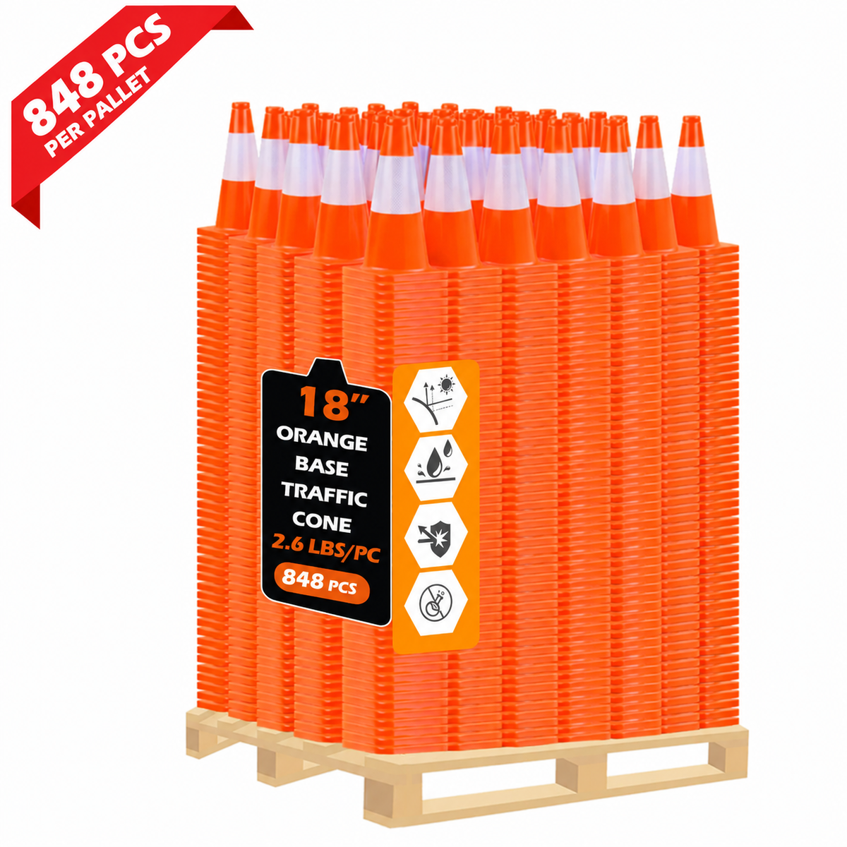 OranLite solid orange traffic cones, 848 pieces per pallet