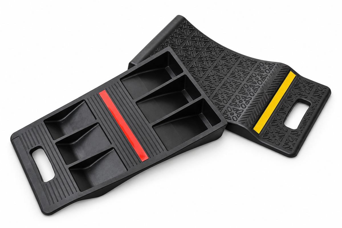 DH-IPB-9 heavy-duty single-sided parking mats showing textured top, reinforced underside and adhesive strip