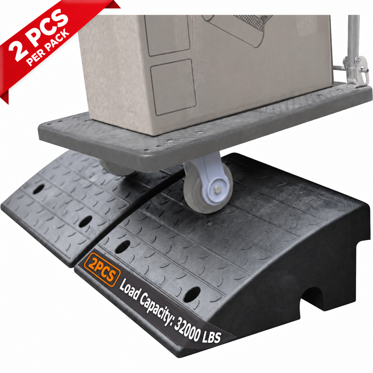 7-inch curb ramps with hand cart, labeled 2PCS and Load Capacity 32000 LBS