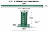 OranLite U-channel sign post and ground base dimensions in inches and millimeters