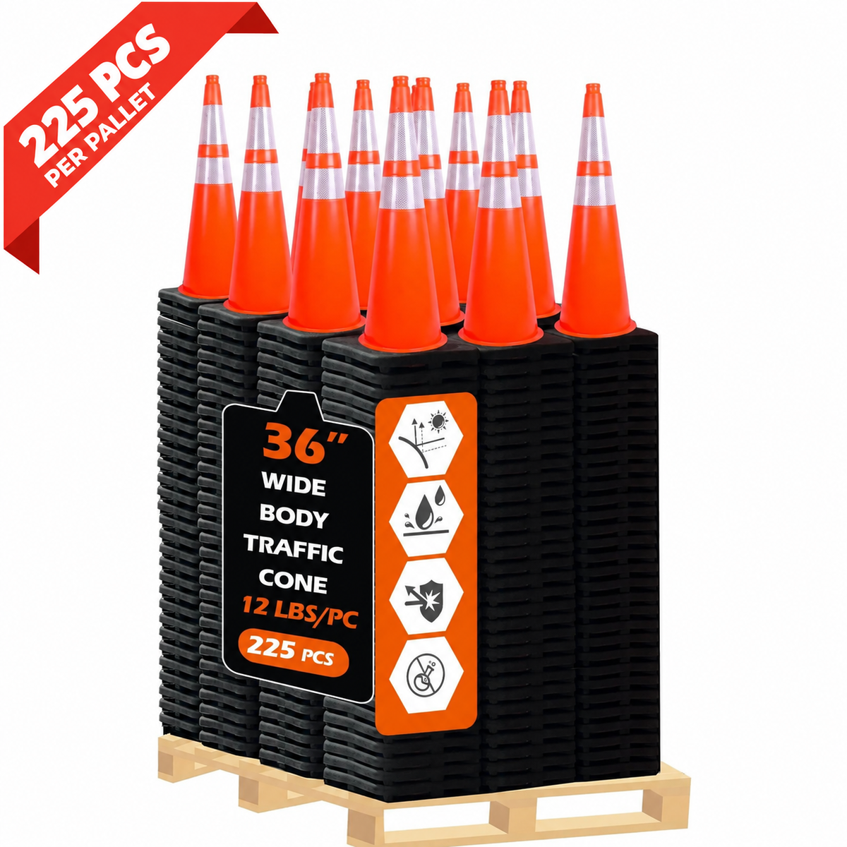 OranLite 36 inch wide body traffic cones, 225 pieces per pallet