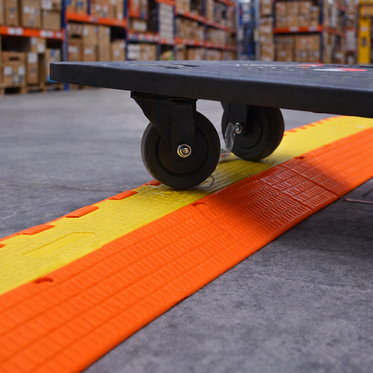 Orange polyurethane cable protector in warehouse