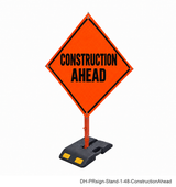 Construction Ahead reflective roll-up sign with weighted rubber base stand | SKU DH-PRsign-Stand-1-48-ConstructionAhead