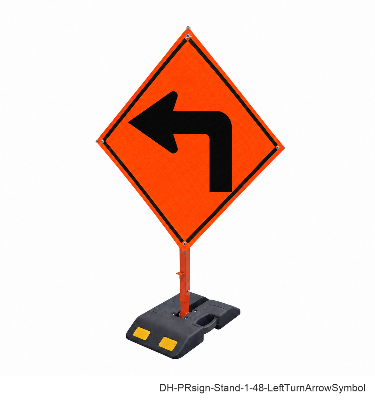 Left Turn Arrow (Symbol) reflective roll-up sign with weighted rubber base stand | SKU DH-PRsign-Stand-1-48-LeftTurnArrowSymbol