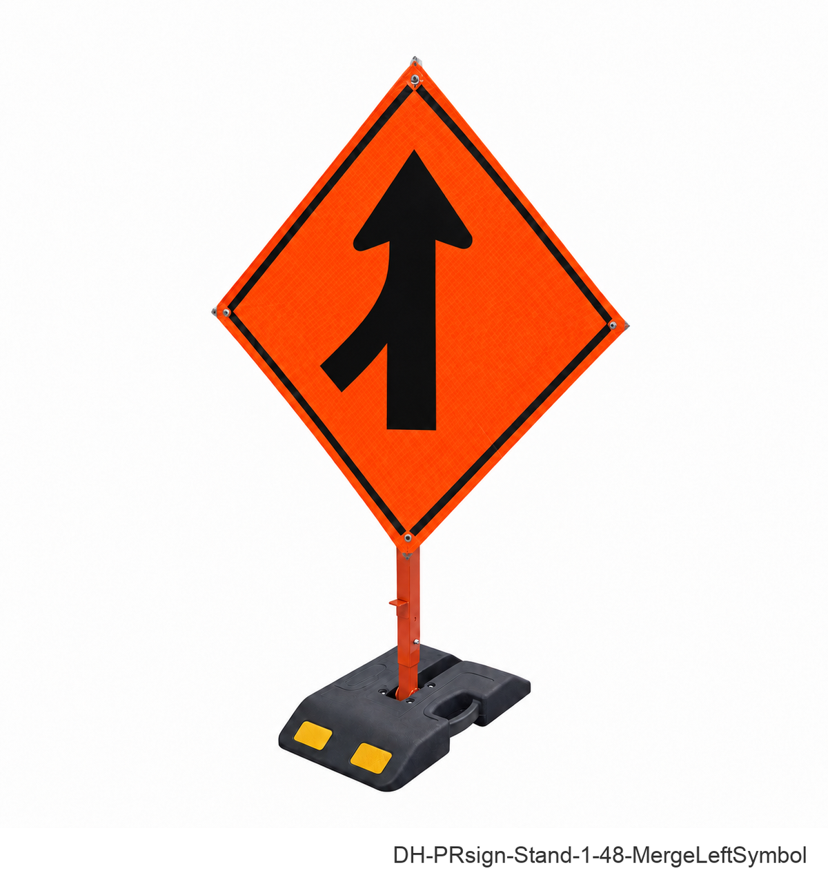 Merge Left (Symbol) reflective roll-up sign with weighted rubber base stand | SKU DH-PRsign-Stand-1-48-MergeLeftSymbol
